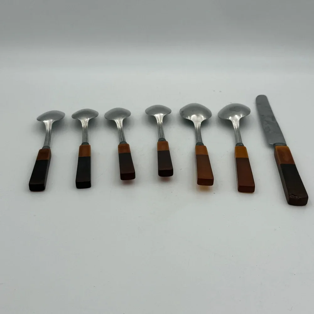 Vintage Bakelite Handle Flatware Set 7pc Stainless Steel Mixed Spons Knife MCM